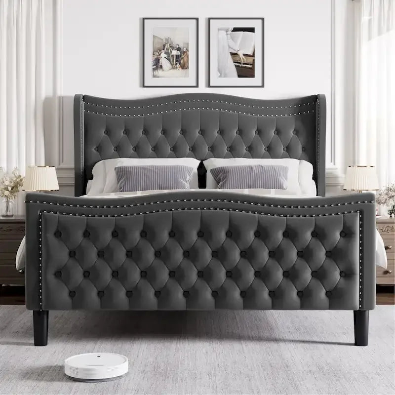 Letto a piattaforma moderno King Size in velluto con testiera imbottita