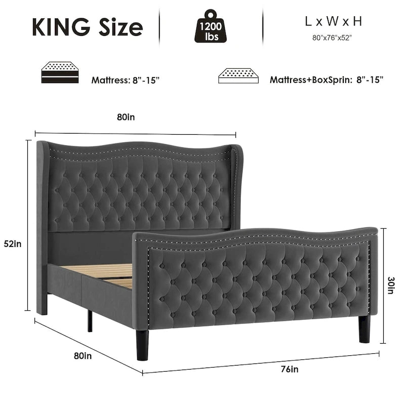 Letto a piattaforma moderno King Size in velluto con testiera imbottita