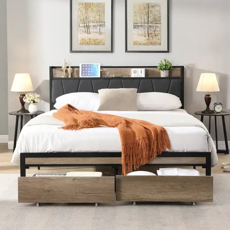 Letto a Piattaforma in Metallo con Cassetti e Testiera Contenitore