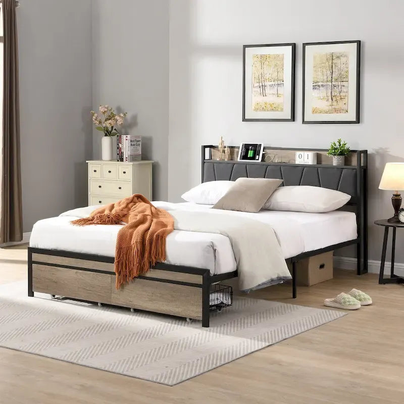 Letto a Piattaforma in Metallo con Cassetti e Testiera Contenitore