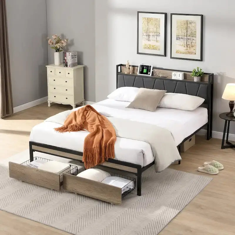Letto a Piattaforma in Metallo con Cassetti e Testiera Contenitore