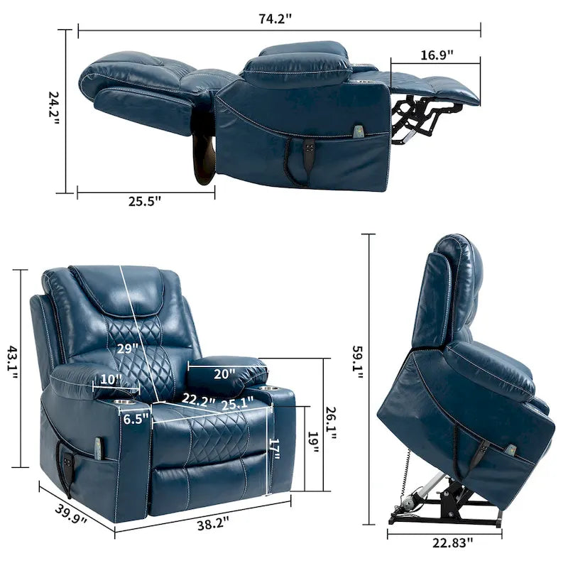 Poltrona reclinabile elettrica oversize in similpelle con massaggio, riscaldamento lombare, portabicchieri, reclinazione piatta a 180 gradi