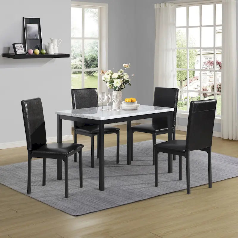 Set da Pranzo di 5 Pezzi con Tavolo Rettangolare con Piano Effetto Marmo e 4 Sedie Imbottite in Ecopelle