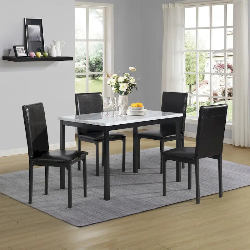 Set da Pranzo di 5 Pezzi con Tavolo Rettangolare con Piano Effetto Marmo e 4 Sedie Imbottite in Ecopelle