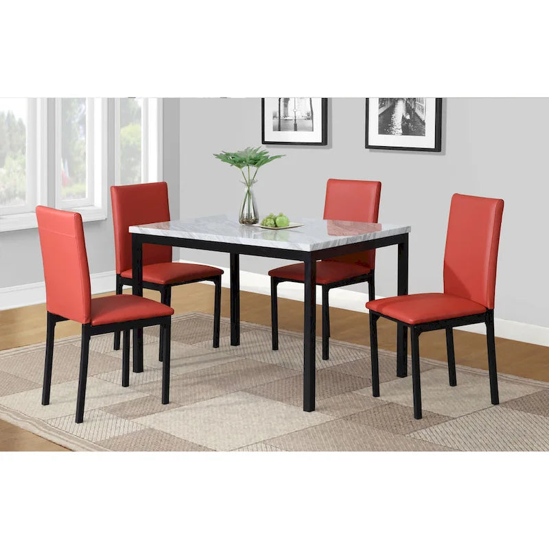 Set da Pranzo di 5 Pezzi con Tavolo Rettangolare con Piano Effetto Marmo e 4 Sedie Imbottite in Ecopelle