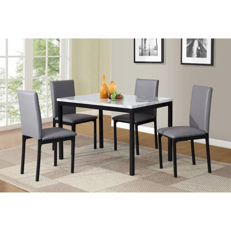 Set da Pranzo di 5 Pezzi con Tavolo Rettangolare con Piano Effetto Marmo e 4 Sedie Imbottite in Ecopelle