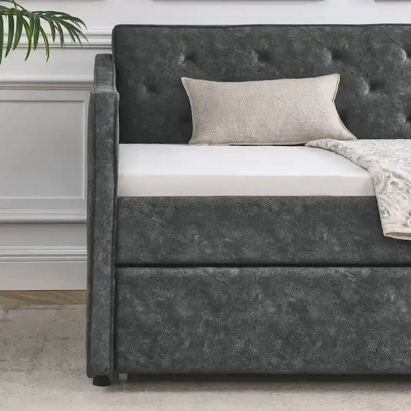 Struttura Divano Letto a Una Piazza Rivestita in Lino con Letto Estraibile e Schienale Trapuntato