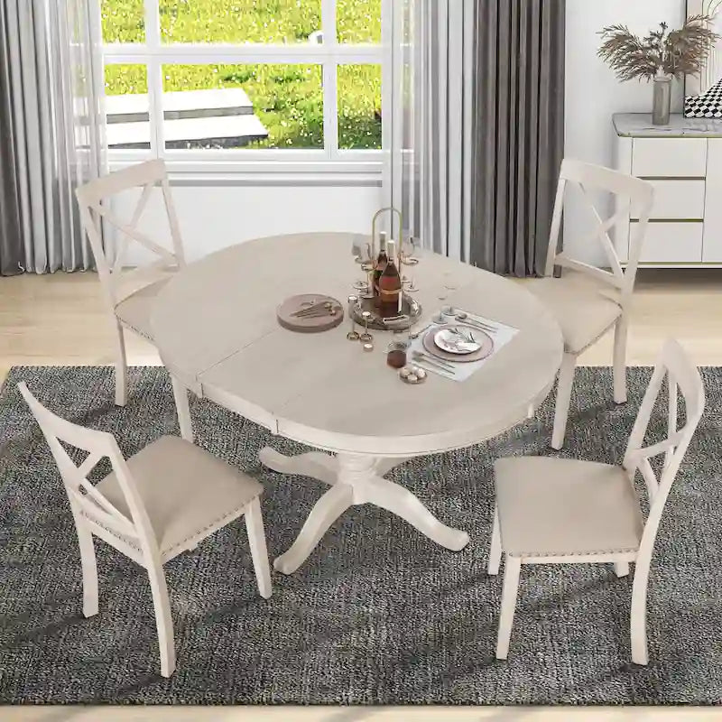 Vintage 5-Piece Wooden Dining Table Set with Expandable Round Table & 4 Chairs