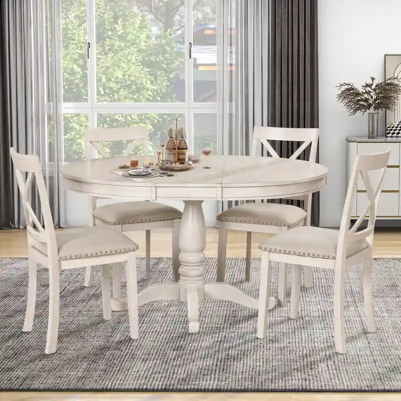 Vintage 5-Piece Wooden Dining Table Set with Expandable Round Table & 4 Chairs