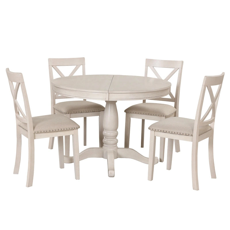 Vintage 5-Piece Wooden Dining Table Set with Expandable Round Table & 4 Chairs