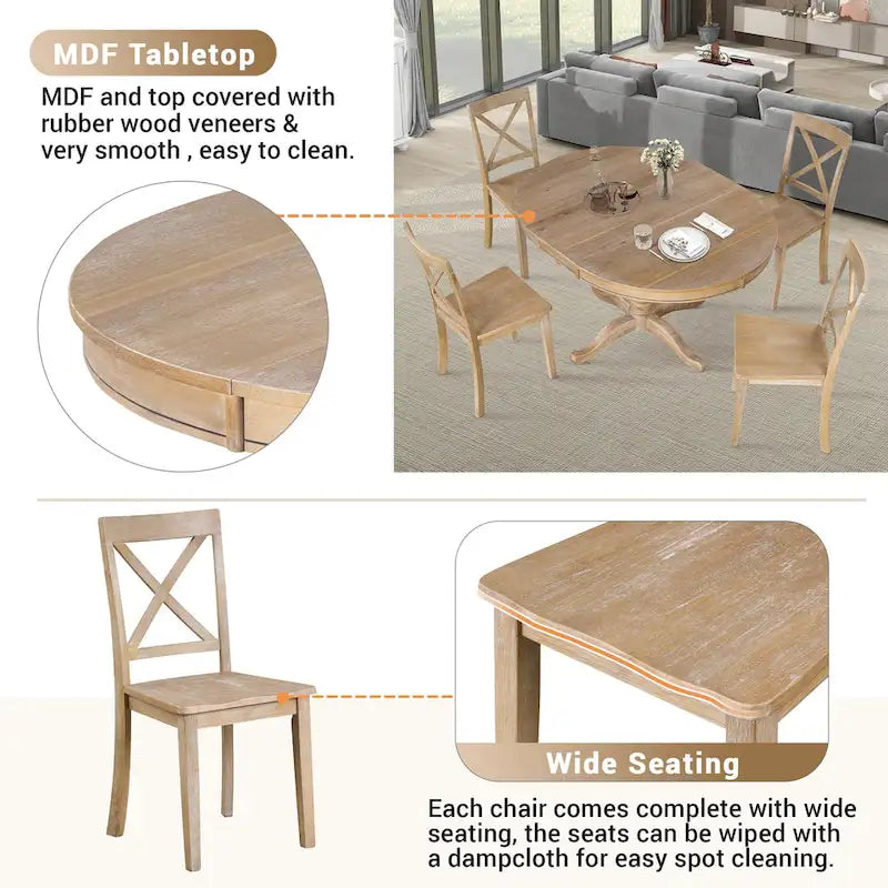 Vintage 5-Piece Wooden Dining Table Set with Expandable Round Table & 4 Chairs