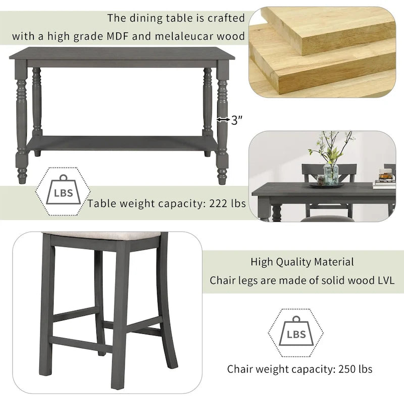 Gray 6-Piece Counter Height Wooden Dining Table Set with 4 Chairs & Bench