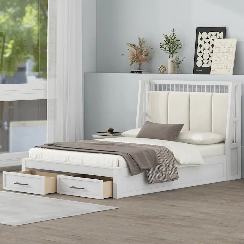 Letto a piattaforma matrimoniale in legno con testiera imbottita e 2 cassetti