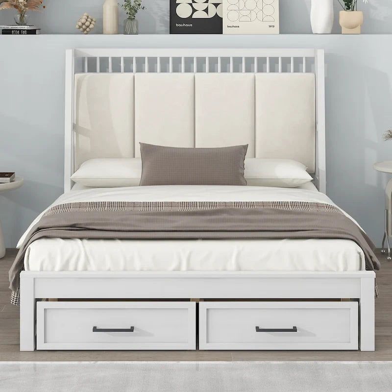 Letto a piattaforma matrimoniale in legno con testiera imbottita e 2 cassetti