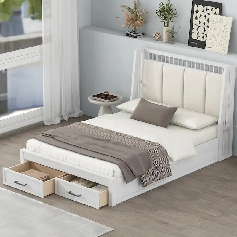 Letto a piattaforma matrimoniale in legno con testiera imbottita e 2 cassetti