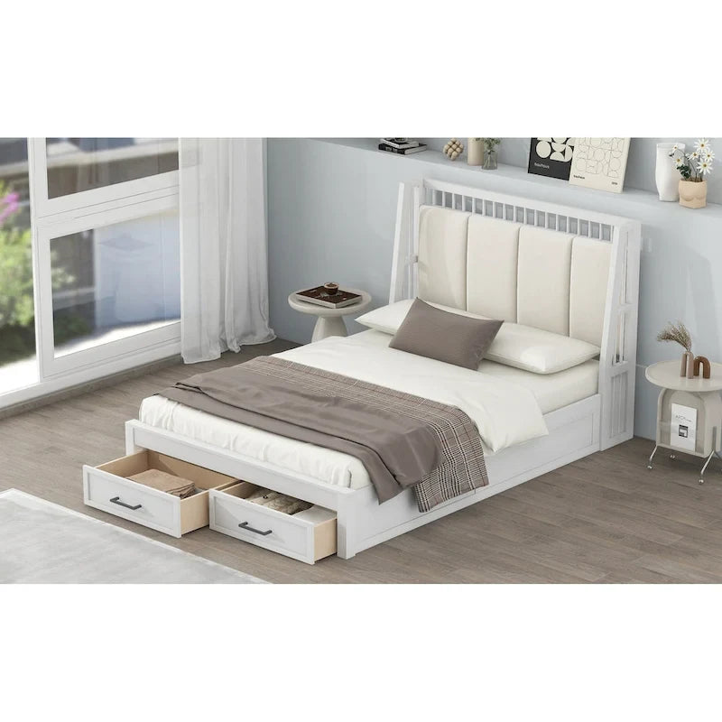 Letto a piattaforma matrimoniale in legno con testiera imbottita e 2 cassetti