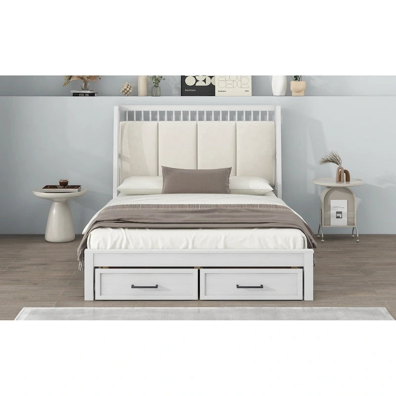 Letto a piattaforma matrimoniale in legno con testiera imbottita e 2 cassetti