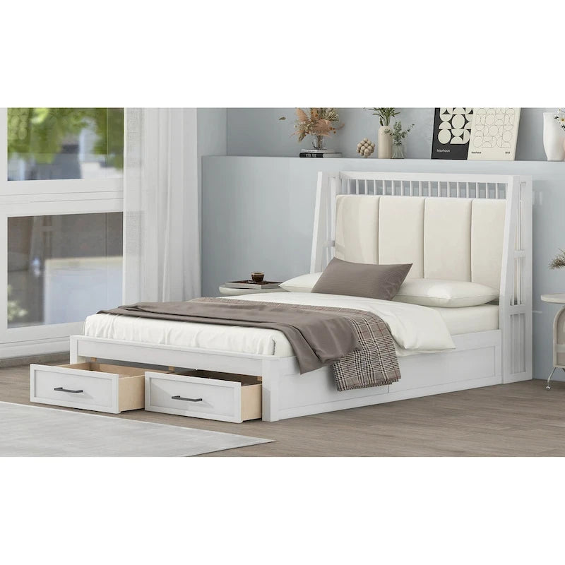 Letto a piattaforma matrimoniale in legno con testiera imbottita e 2 cassetti