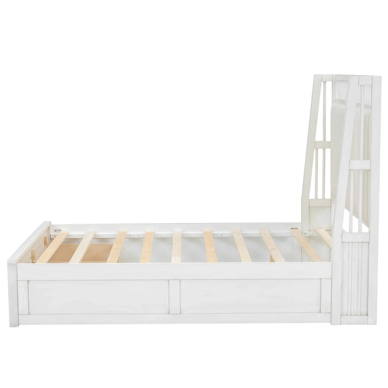 Letto a piattaforma matrimoniale in legno con testiera imbottita e 2 cassetti