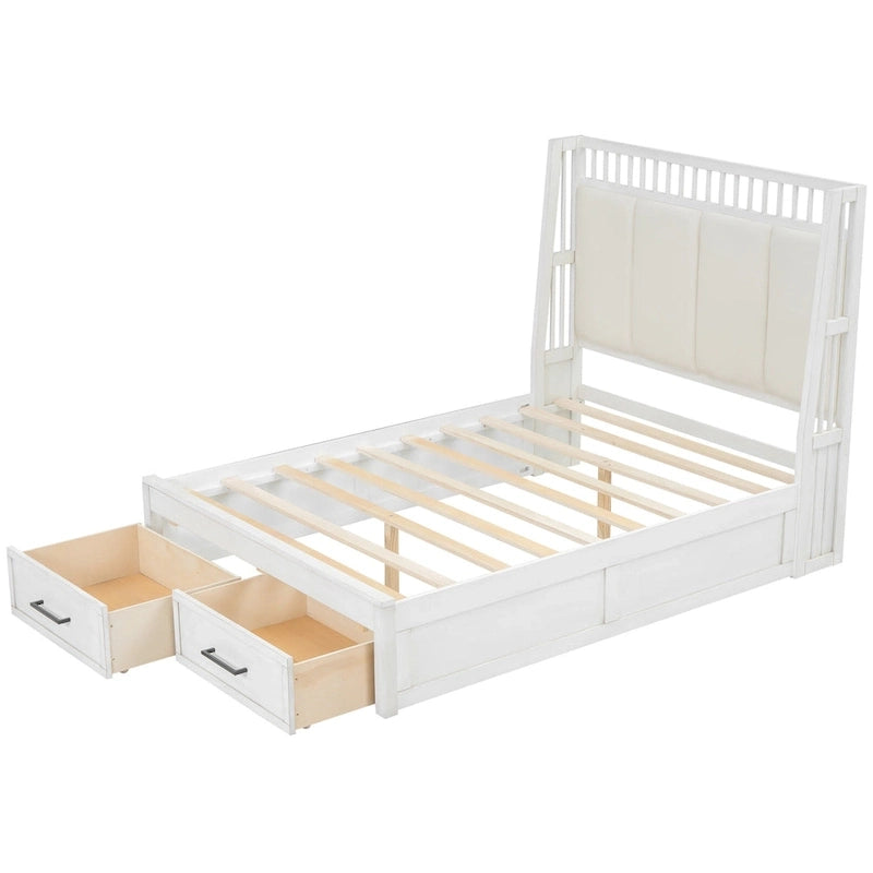 Letto a piattaforma matrimoniale in legno con testiera imbottita e 2 cassetti