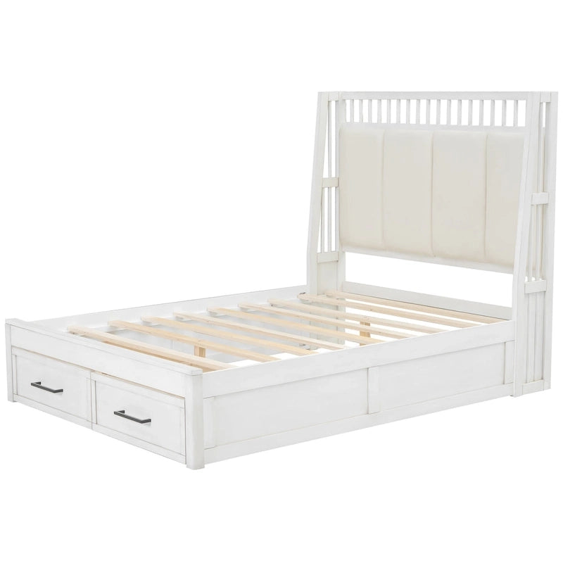 Letto a piattaforma matrimoniale in legno con testiera imbottita e 2 cassetti