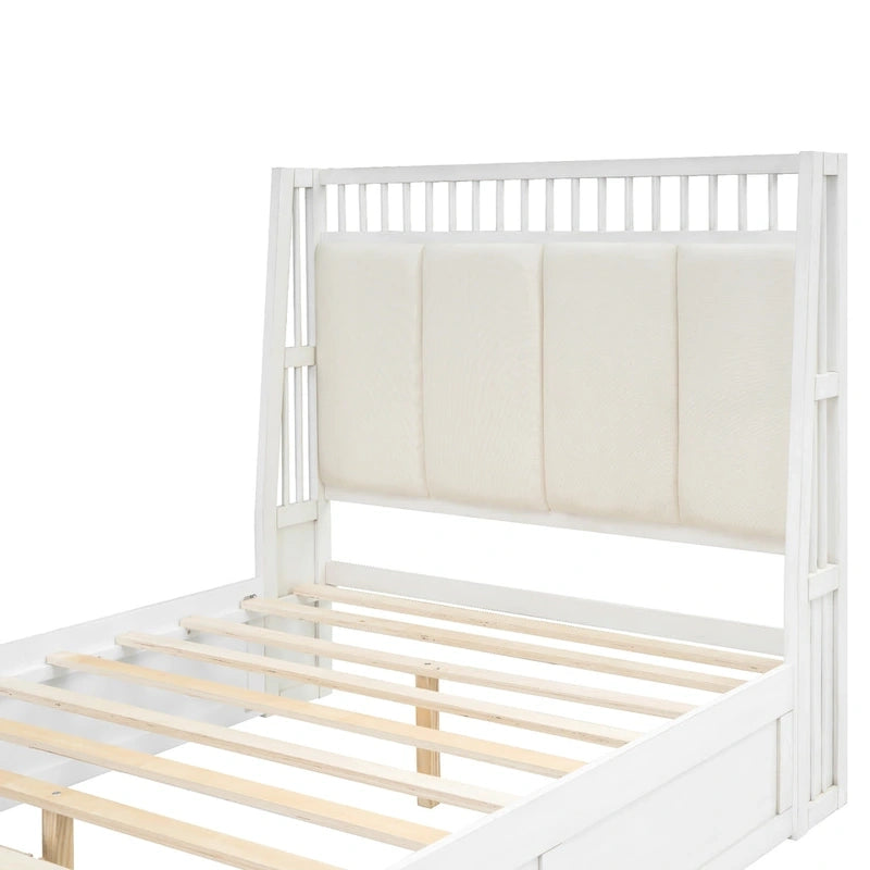 Letto a piattaforma matrimoniale in legno con testiera imbottita e 2 cassetti