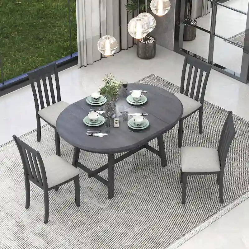 Set da pranzo da 5 pezzi in legno con tavolo rotondo allungabile e 4 sedie