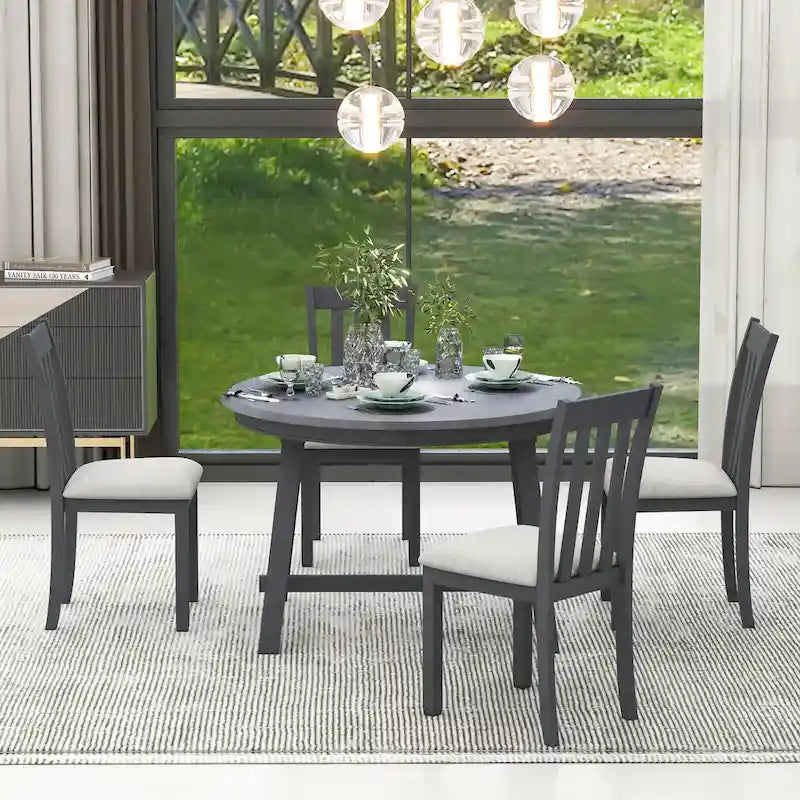 Set da pranzo da 5 pezzi in legno con tavolo rotondo allungabile e 4 sedie
