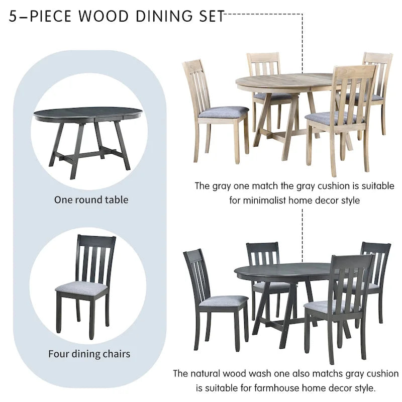 Set da pranzo da 5 pezzi in legno con tavolo rotondo allungabile e 4 sedie