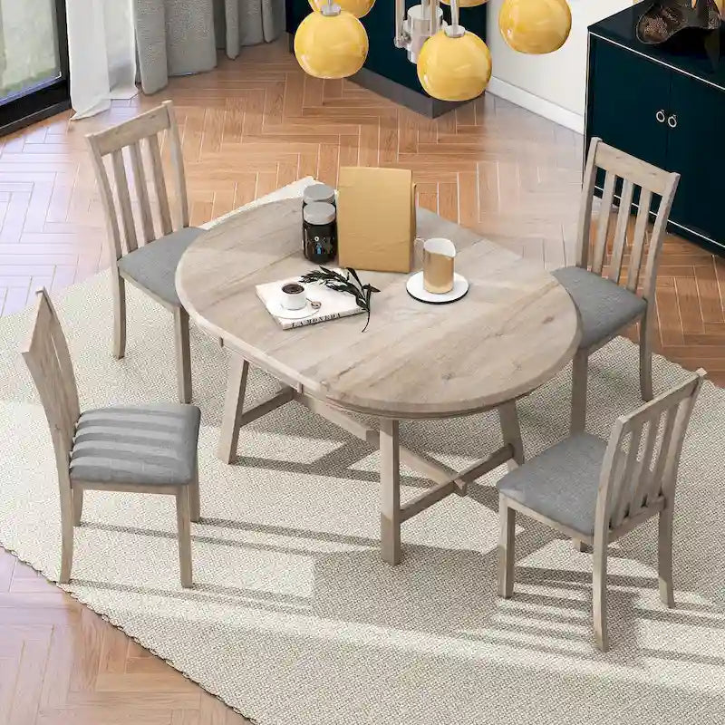 Set da pranzo da 5 pezzi in legno con tavolo rotondo allungabile e 4 sedie