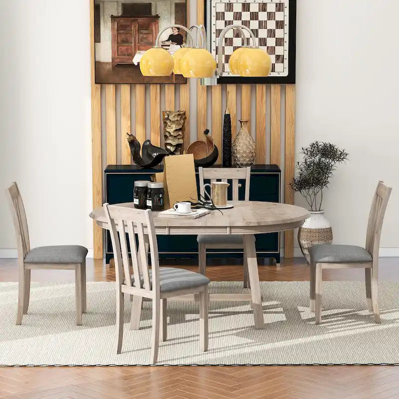 Set da pranzo da 5 pezzi in legno con tavolo rotondo allungabile e 4 sedie