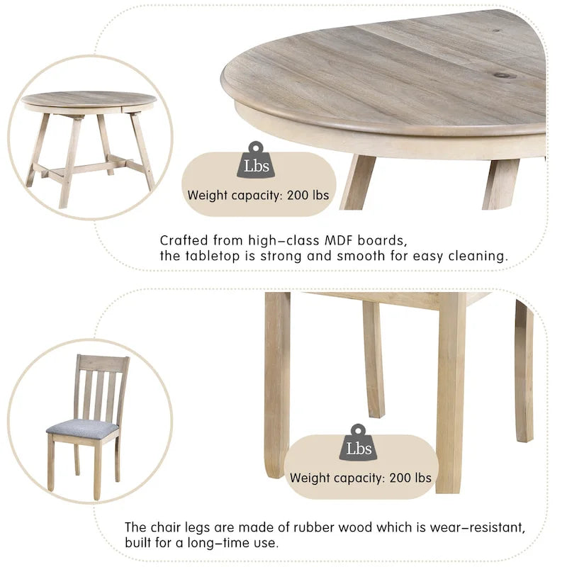 Set da pranzo da 5 pezzi in legno con tavolo rotondo allungabile e 4 sedie