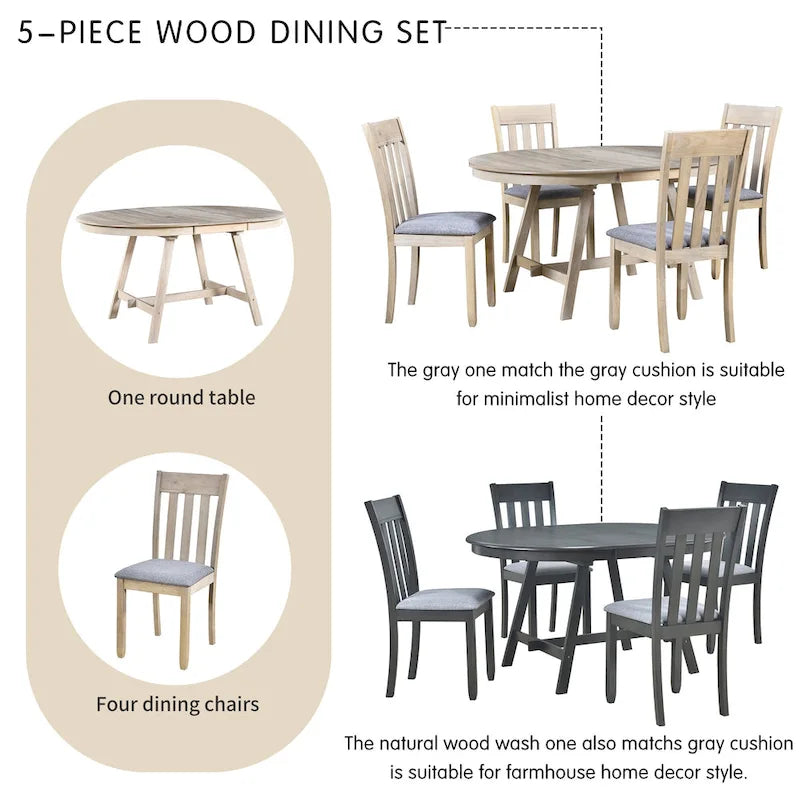 Set da pranzo da 5 pezzi in legno con tavolo rotondo allungabile e 4 sedie