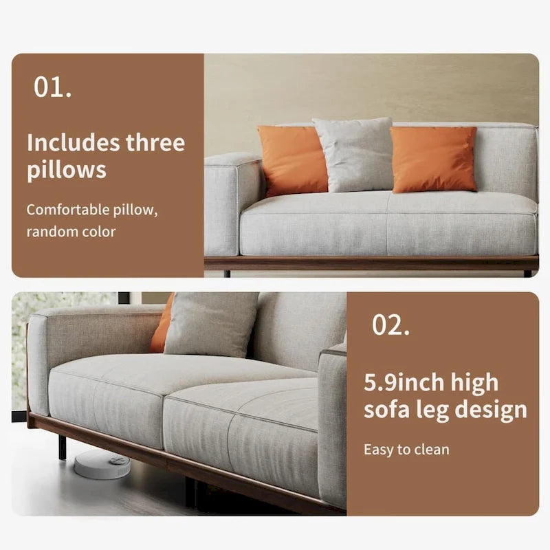 Mid-Century Modern 4 Seater Sofa Walnut Cotton Linen Upholstery, Removable Washable Covers, Deep Cushions with Pillows