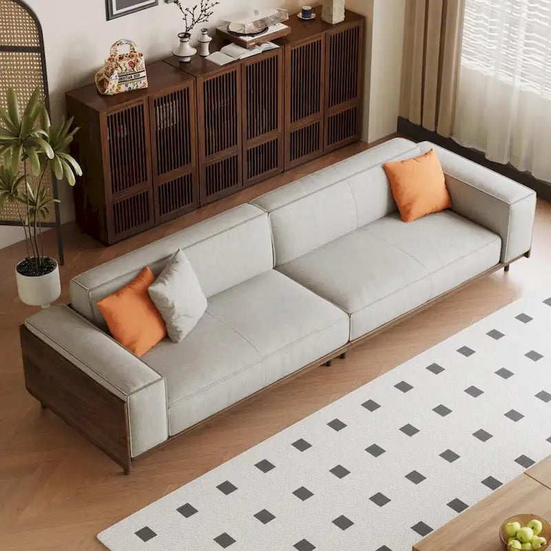 Mid-Century Modern 4 Seater Sofa Walnut Cotton Linen Upholstery, Removable Washable Covers, Deep Cushions with Pillows