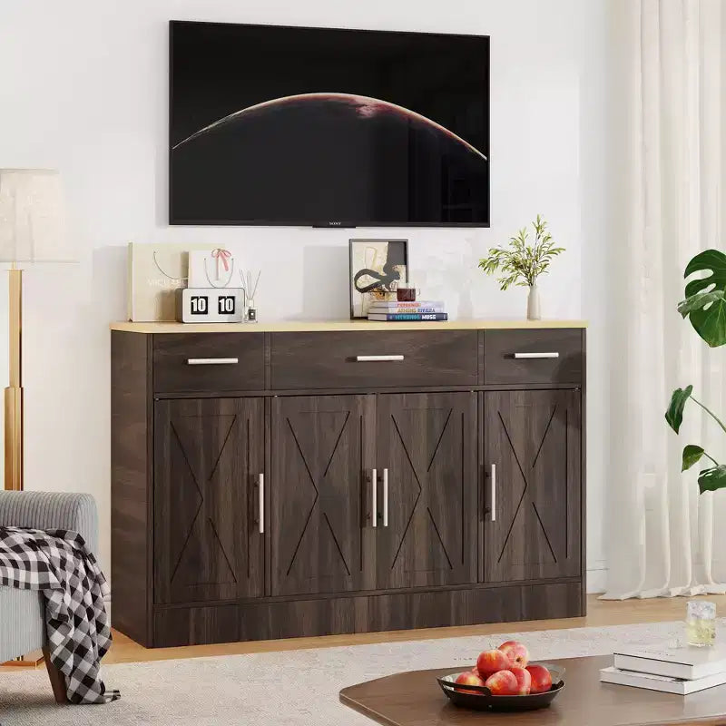 Mobile Buffet Celebalcony con Contenitore, Grande Mobile Contenitore da Cucina da 53,4 pollici con 3 Cassetti e 4 Ante, Ripiano Regolabile per Cucina, Soggiorno