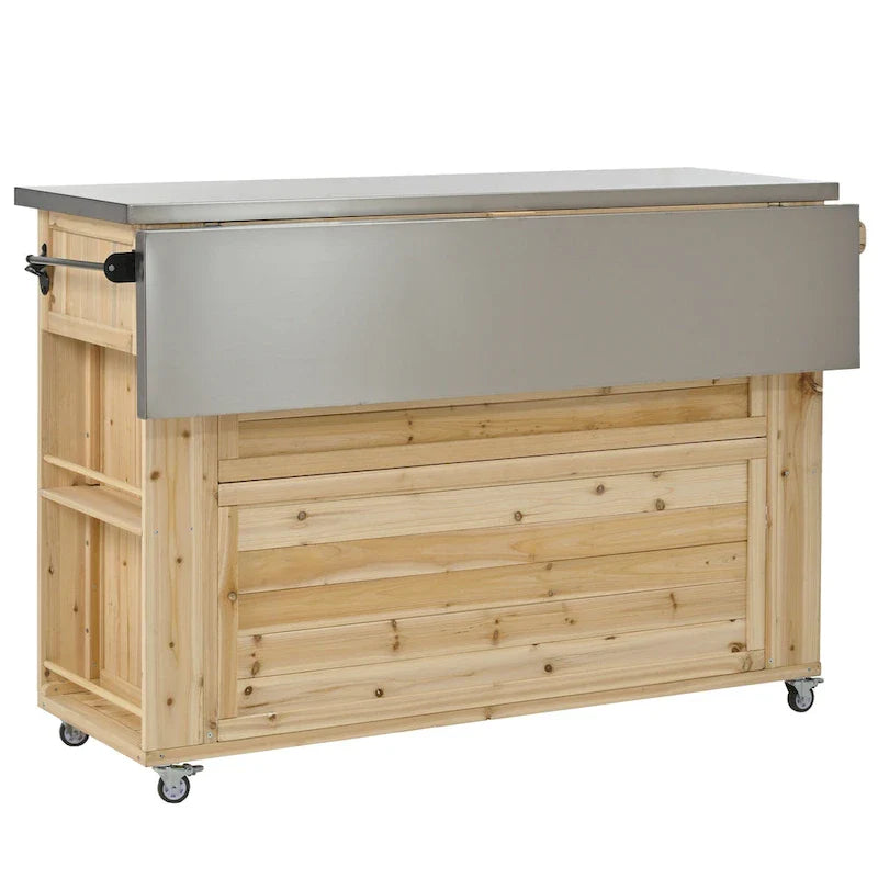Isola da cucina per esterno, in legno di abete rustico con piano in acciaio inossidabile e vani intelligenti
