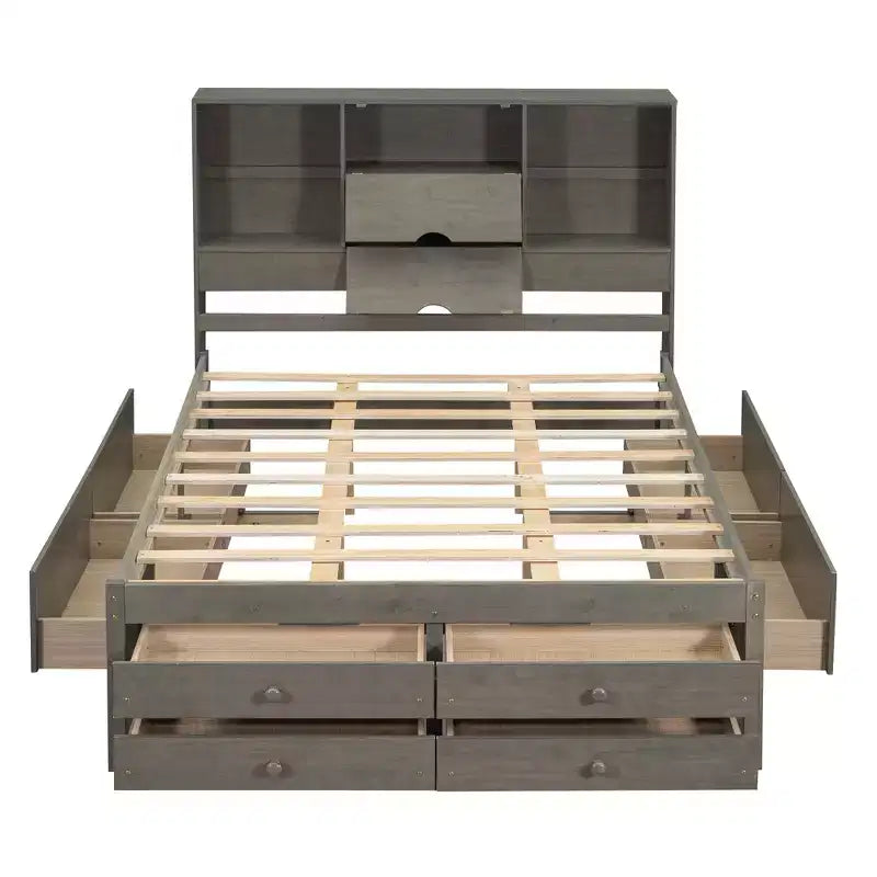 Letto a piattaforma Queen Size con ripiano portaoggetti e 8 cassetti, facile da montare