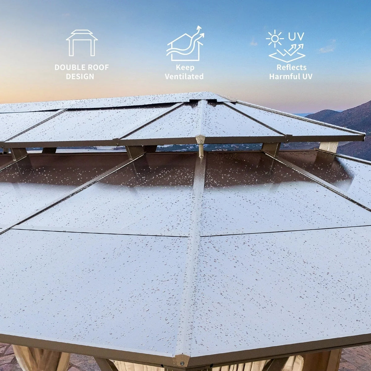 EROMMY Gazebo a tetto rigido, Pergola da esterno con doppio tetto, zanzariere e tende, Tenda da sole resistente per patio, cortile, feste in piscina