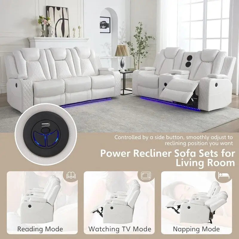 Divano Reclinabile Elettrico con Caricatore Wireless, Luce da Lettura per Soggiorno, Luce LED in Similpelle, Porta AC/USB, Portabicchieri, Nero