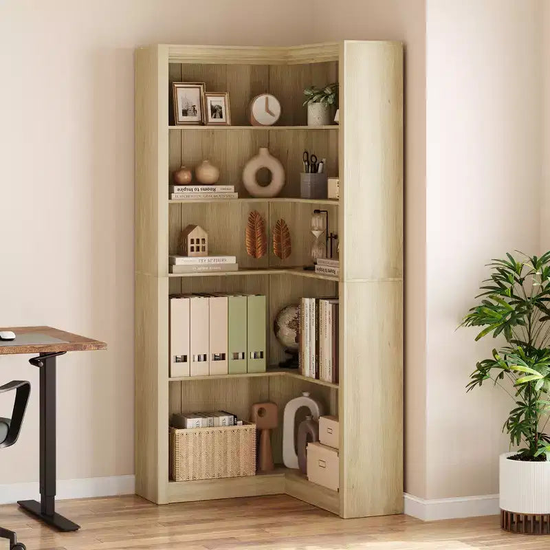 Libreria angolare a 5 ripiani a forma di L, in stile retrò, Bianco/Nero/Legno, singola