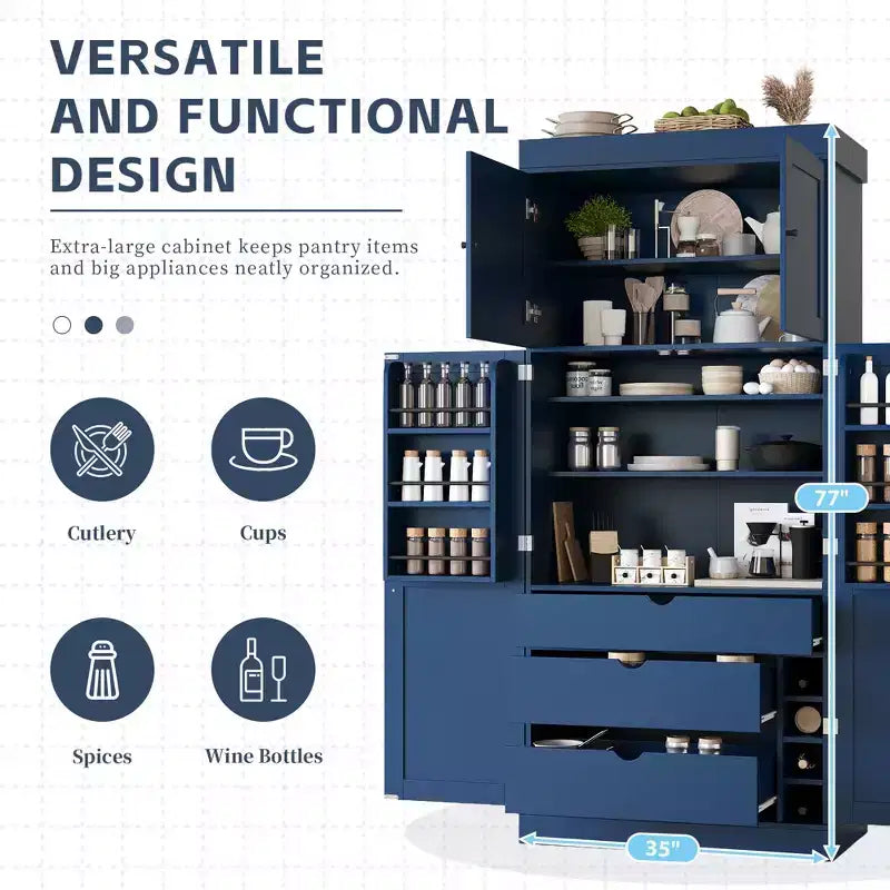 Dispensa da cucina indipendente 77H, armadio contenitore in stile rustico con ripiani regolabili, ripiani sulla porta, cassetti e portabottiglie - ModernLuxe