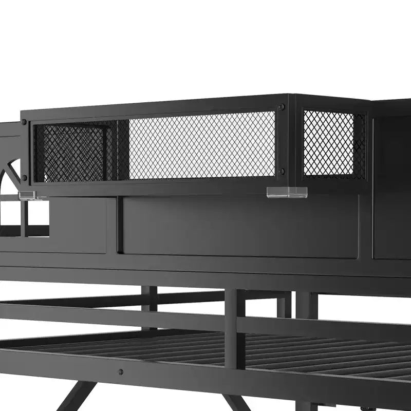 Letto a soppalco ModernLuxe matrimoniale/queen size con scale e armadio integrato, struttura letto in metallo con luci a LED, stazione di ricarica USB e ripiani portaoggetti