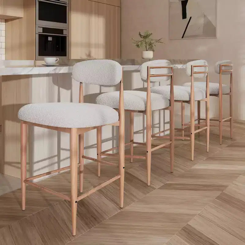 Sgabelli da Bar Senza Braccioli in Bouclé, Set da 4, con Gambe in Metallo Effetto Legno per Cucina, Soggiorno, Ristorante, Caffè - Morden Fort