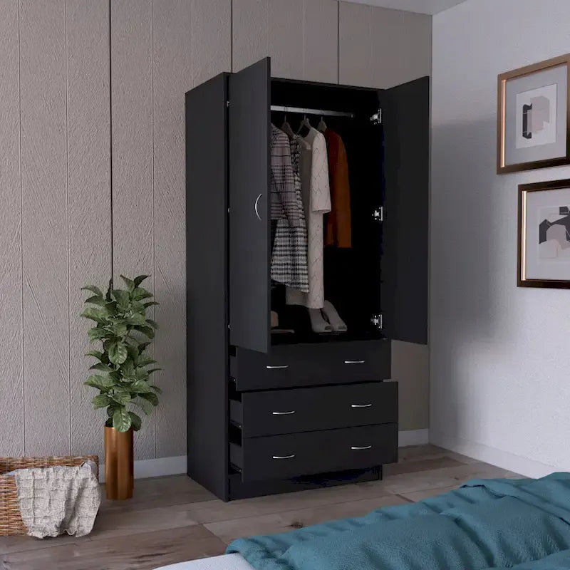 Armadio moderno a due ante con 3 cassetti e 1 bastone appendiabiti per camera da letto