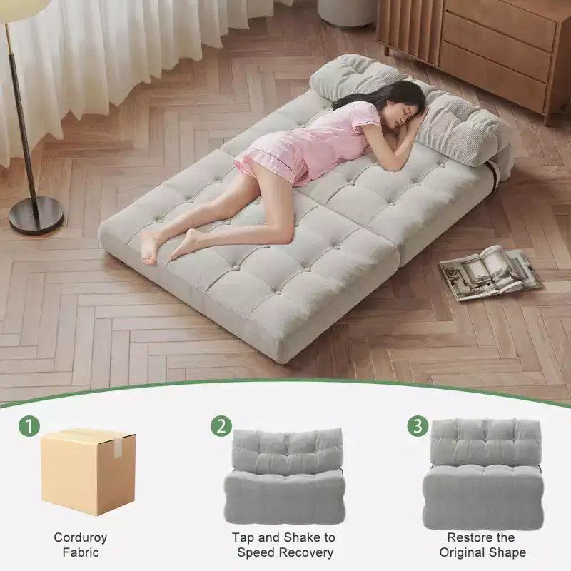 Canapé-lit futon pliant entièrement en velours côtelé, chaise de couchage convertible au sol avec oreiller et dossier