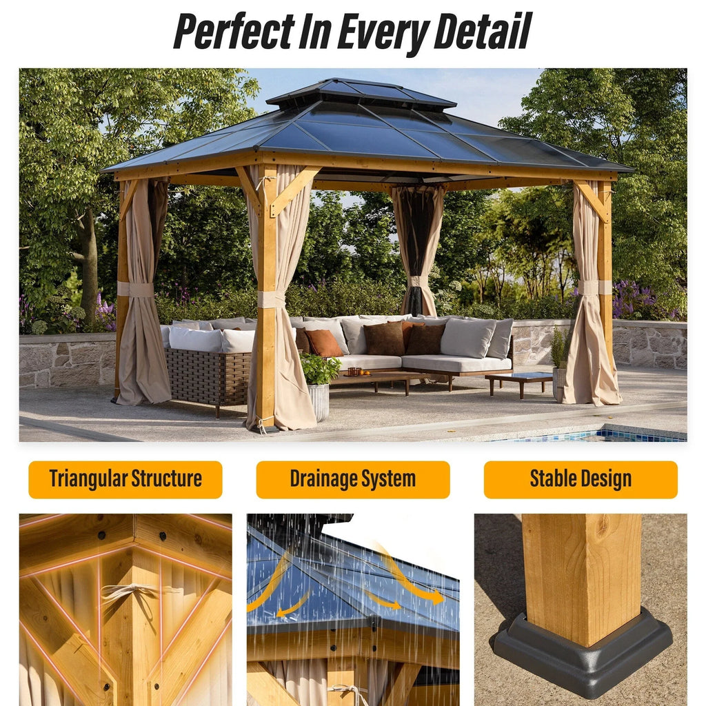 EROMMY Gazebo a tetto rigido, Pergola da esterno con doppio tetto, zanzariere e tende, Tenda da sole resistente per patio, cortile, feste in piscina