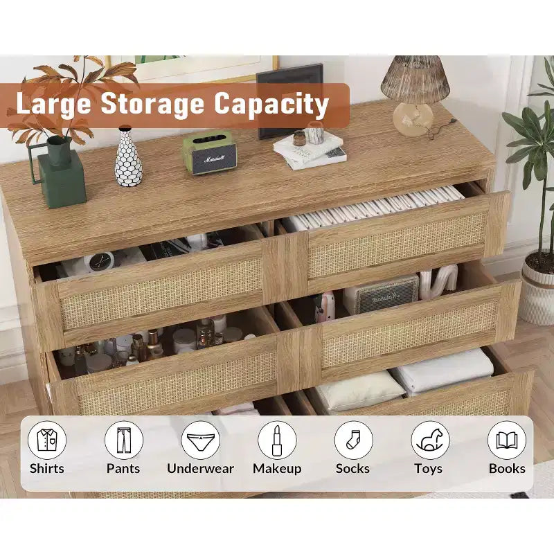 Cassettiera in Rattan per Camera da Letto con 6 Cassetti, Comò Largo Moderno in Stile Fattoria da 120 cm, Mobile Contenitore in Legno per Armadio, Soggiorno, Corridoio