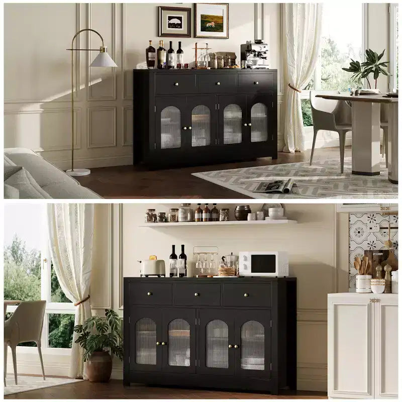 Credenza stretta da 140 cm con 3 cassetti e 4 ante per cucina, sala da pranzo, soggiorno