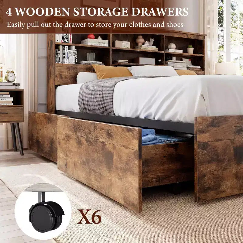 Struttura Letto Matrimoniale con Testiera Contenitore, Struttura Letto in Legno con 4 Cassetti, Libreria Contenitore e Letto a Piattaforma King Size con Robusto Supporto in Metallo